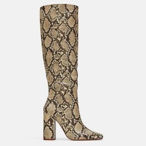 Zara Leather Snake Print Knee High Boots